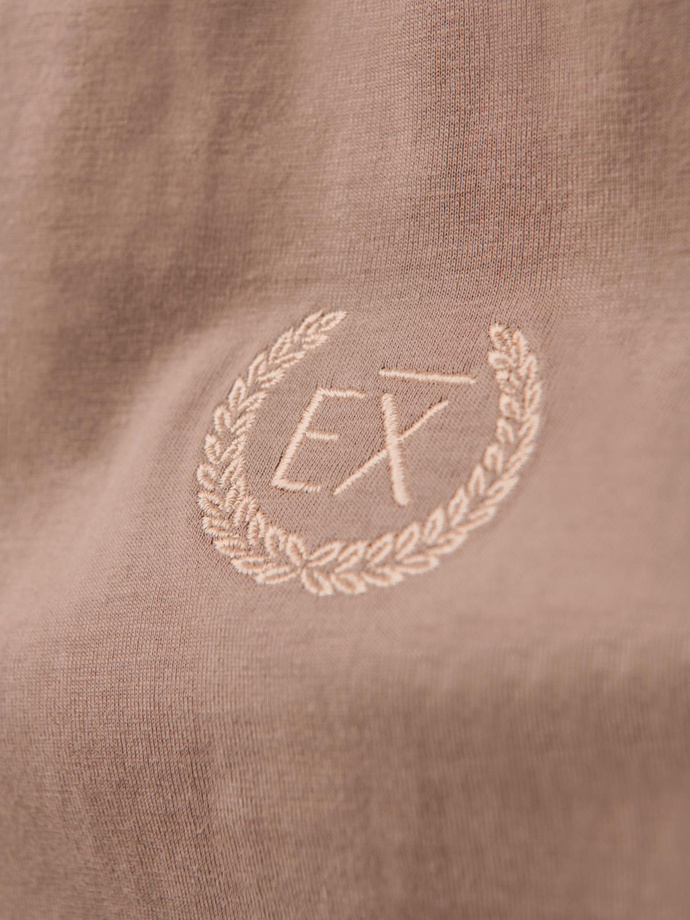 Men's cotton longsleeve with striped U neckline and embroidery - brown V6 OM-LSCL-0128