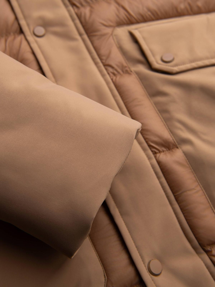 Men's long quilted jacket with large pockets - beige V2 OM-JALJ-0308