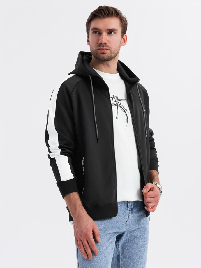 Men's unbuttoned hooded sweatshirt with piping - black V1 OM-SSZP-0210