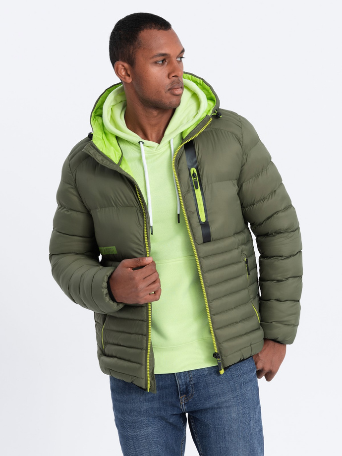 Men's quilted jacket with hood - dark olive green V7 OM-JALP-0120