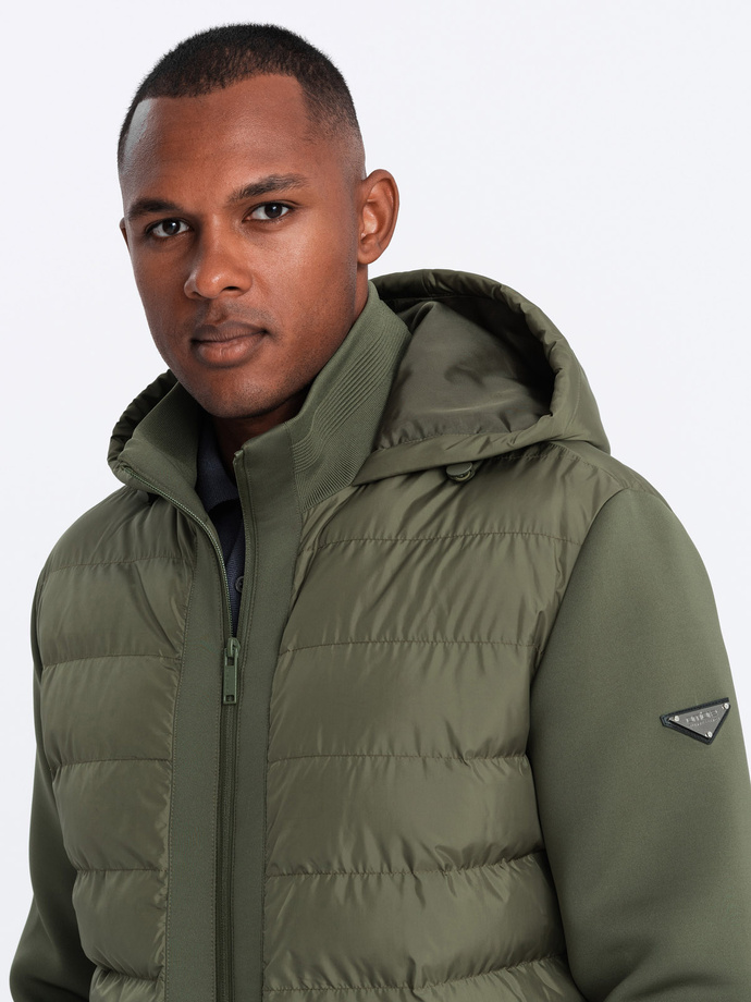 Men's quilted bomber jacket with high collar - dark olive green V3 OM-JALP-0140