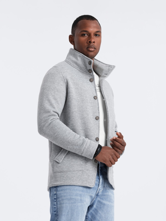 Men's casual sweatshirt with button-down collar - grey melange V2 OM-SSZP-0171