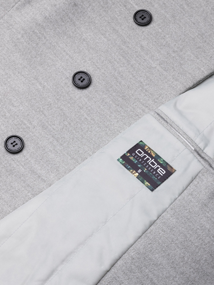 Płaszcz męski z asymetrycznym zapięciem - szary melanż V1 OM-COWC-0102