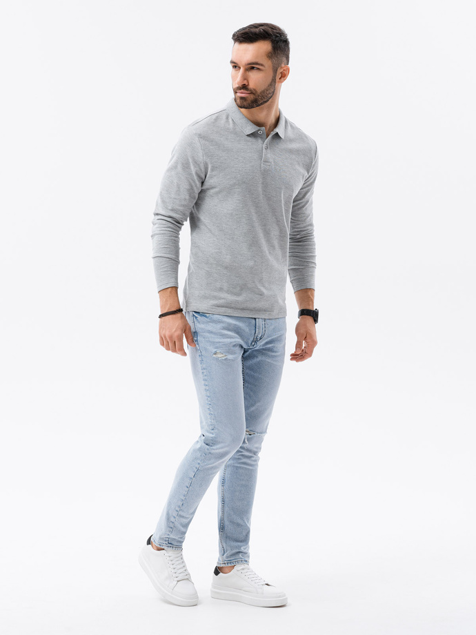 Longsleeve męski z kołnierzykiem bez nadruku - szary melanż V4 L132
