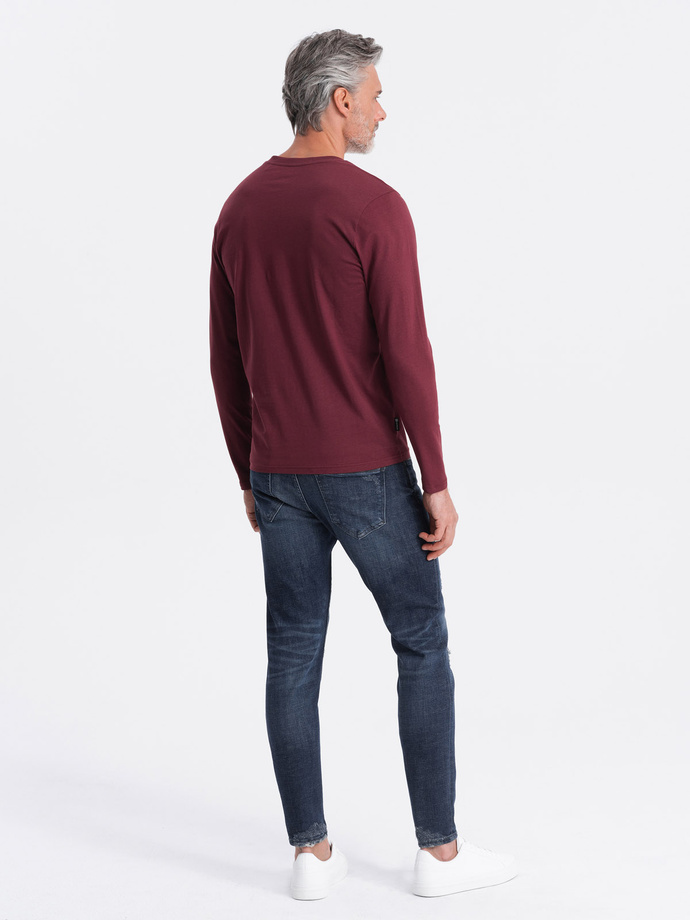 Męski longsleeve bez nadruku z dekoltem w serek - bordowy V8 OM-LSBL-0108