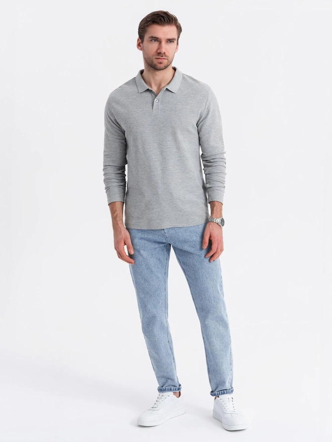 Men's longsleeve with polo collar BASIC - grey melange V4 OM-POBL-0114