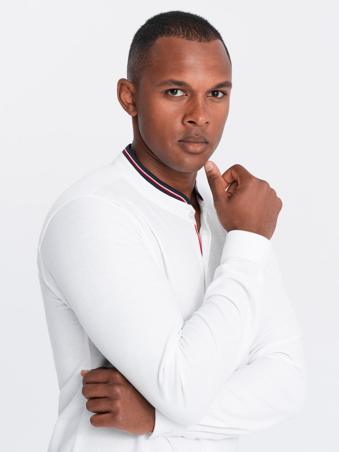 Męska koszula bawełniana SLIM FIT ze stójką w kolorowe paski – biała V1 OM-SHCS-0178