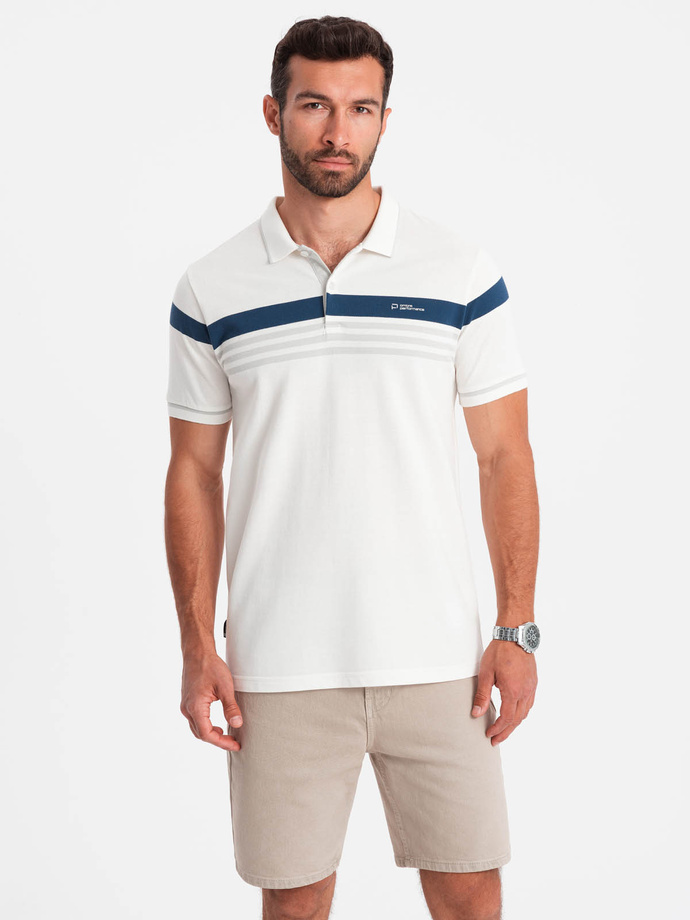 Fitted men's polo shirt with two-tone stripes - white V4 OM-POSS-0127