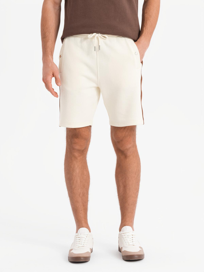 Men's sweat shorts with piping and drawstring waistband - cream V3 OM-SRSK-0156