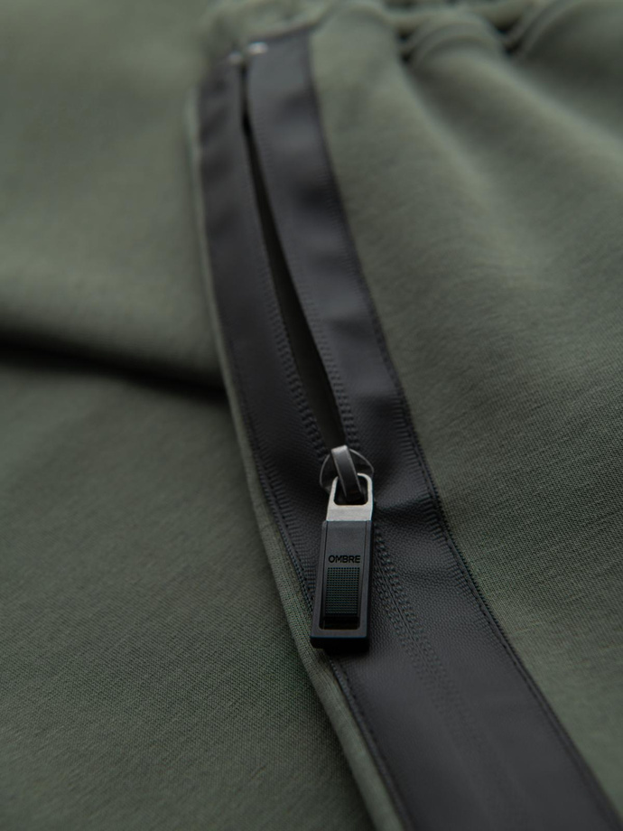 Spodnie męskie dresowe z prostą nogawką i gumowymi detalami – ciemnooliwkowe V4 OM-PASK-0281