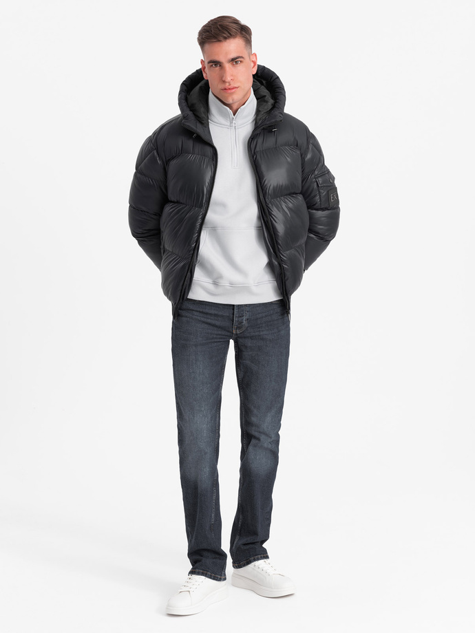 Men's warm puffer jacket with welts - black V1 OM-JAHP-0207