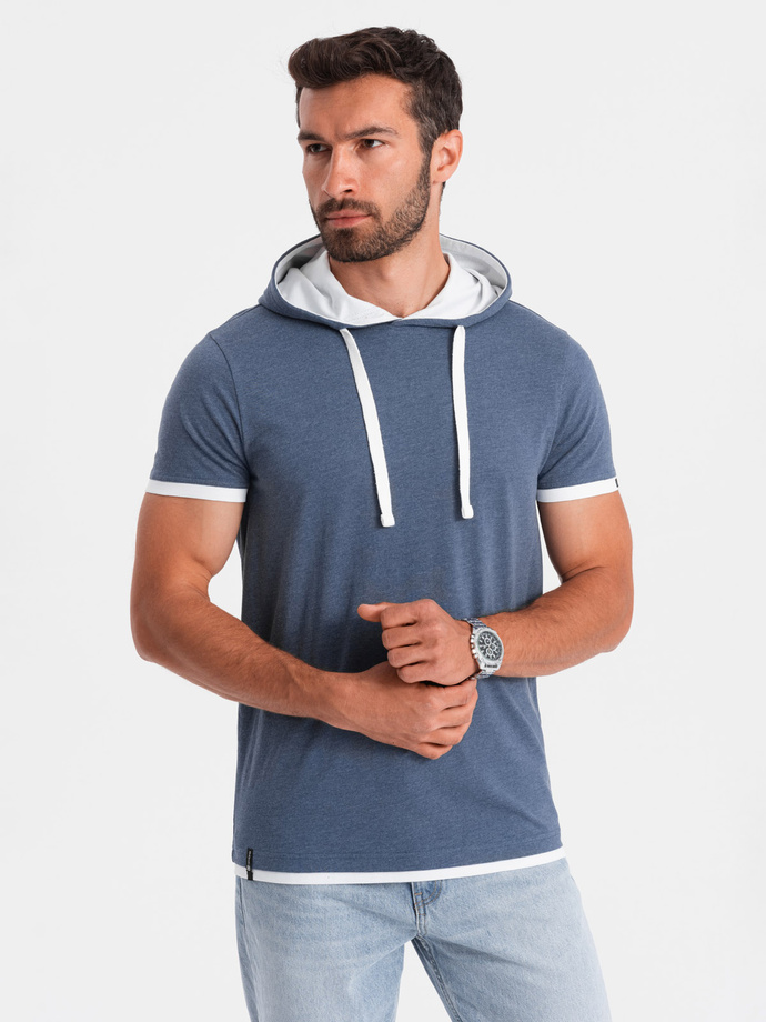 Casual men's cotton t-shirt with hood - dark blue melange V12 OM-TSCT-22SS-001