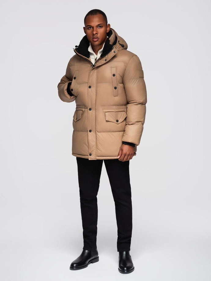 Długa męska kurtka puffer z zapinanymi kieszeniami – brązowa V2 OM-JALJ-0186