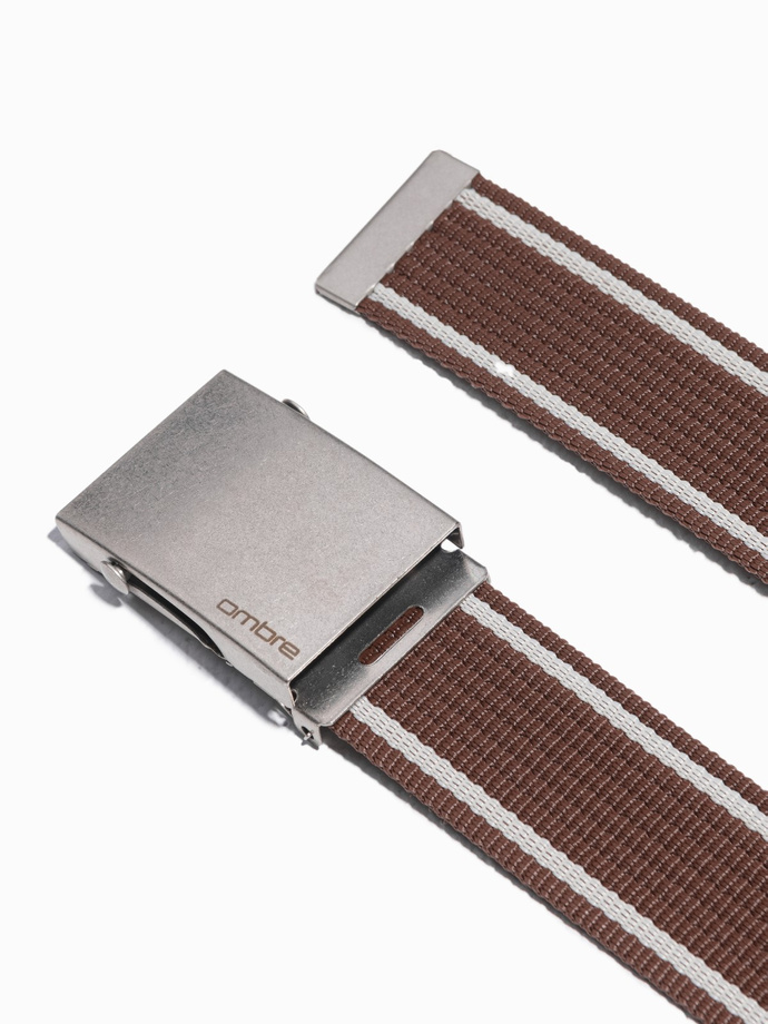 Two-tone men's parchment belt with horizontal stripes border - brown A820