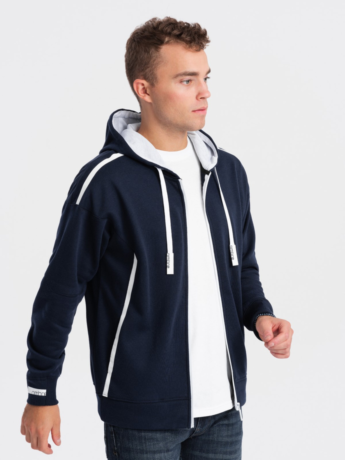 Men's unbuttoned hooded sweatshirt - navy blue V3 OM-SSZP-22FW-006
