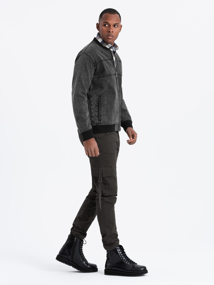 Men's denim bomber jacket with stone wash effect - black V2 OM-JADJ-0163