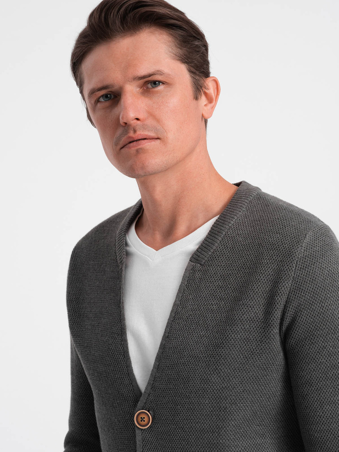 Structured men's cardigan sweater with pockets - graphite melange V2 OM-SWCD-0109