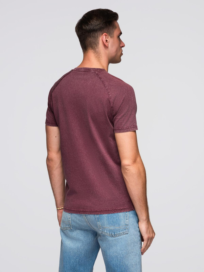 Men's T-shirt with wash effect and buttons at neckline - burgundy V3 OM-TSWT-0150