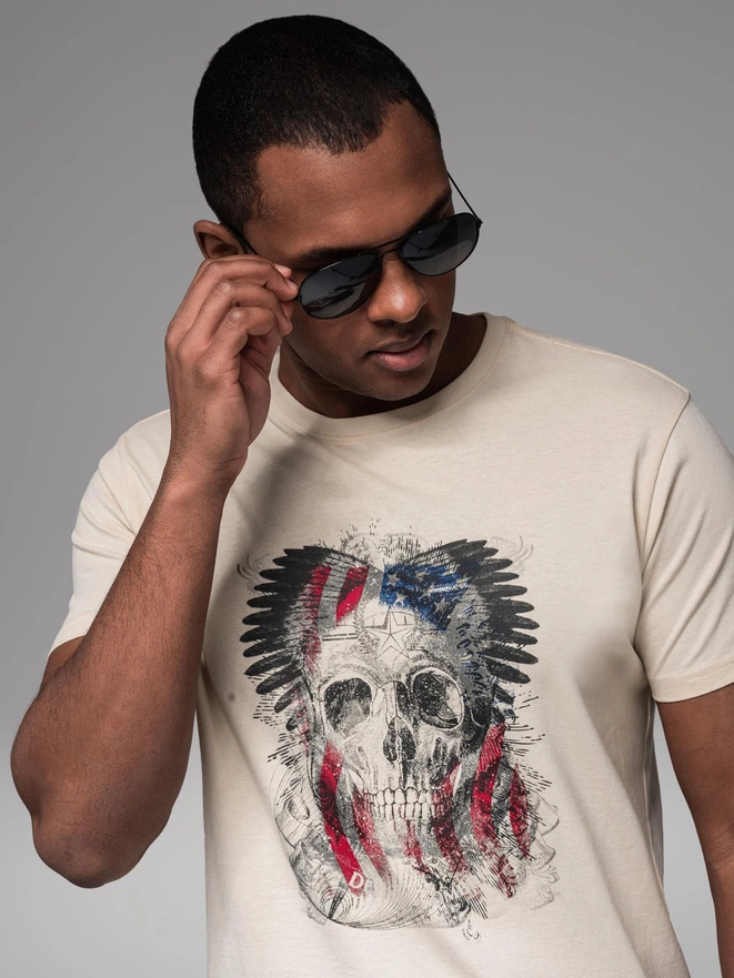 Bawełniany t-shirt męski z nadrukiem w stylu rockowym – kremowy V1 OM-TSPT-0199