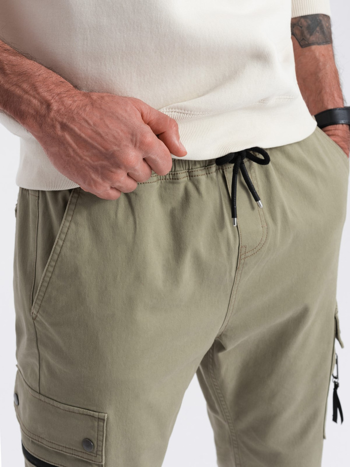 Men's JOGGER pants with zippered cargo pockets - khaki V1 OM-PAJO-0125