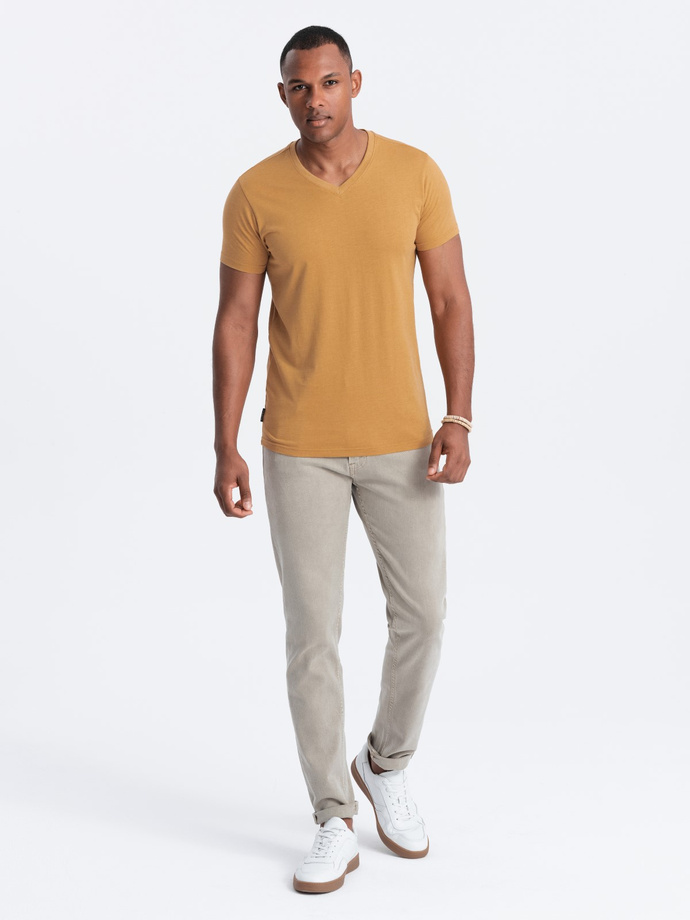 BASIC men's classic cotton T-shirt with a serape neckline - mustard melange V19 OM-TSBS-0145