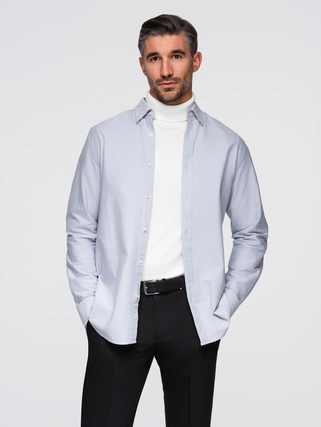 Elegancka męska koszula oxford z haftem – błękitna V1 OM-SHOS-0172