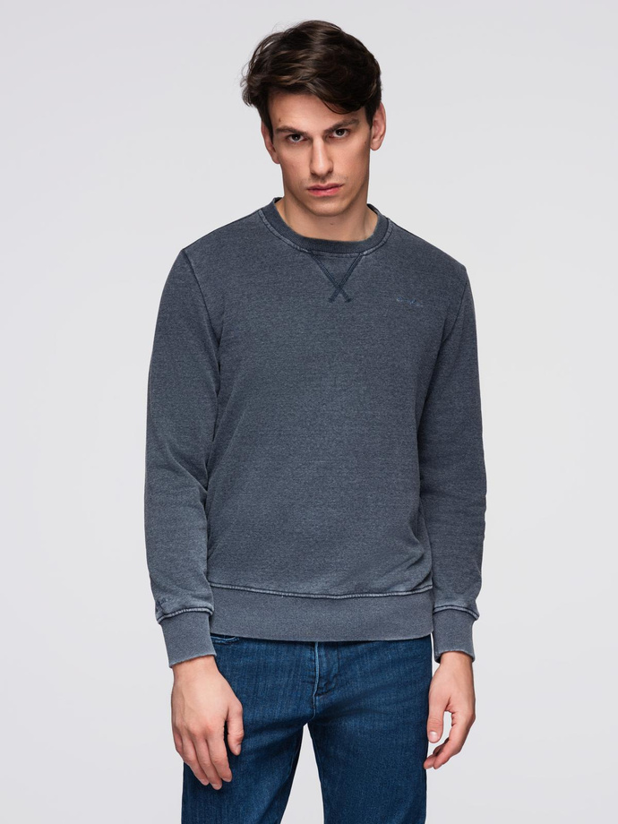 Washed men's sweatshirt with decorative stitching at the neckline - navy blue V4 OM-SSDS-0131