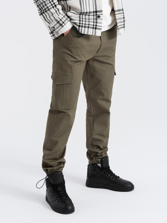 Men's pants with cargo pockets and leg hem - dark olive green V1 OM-PACG-0189