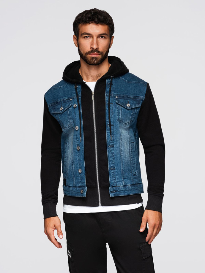 Men's denim jacket with knitted sleeves and hood - blue and black V2 OM-JADJ-0220