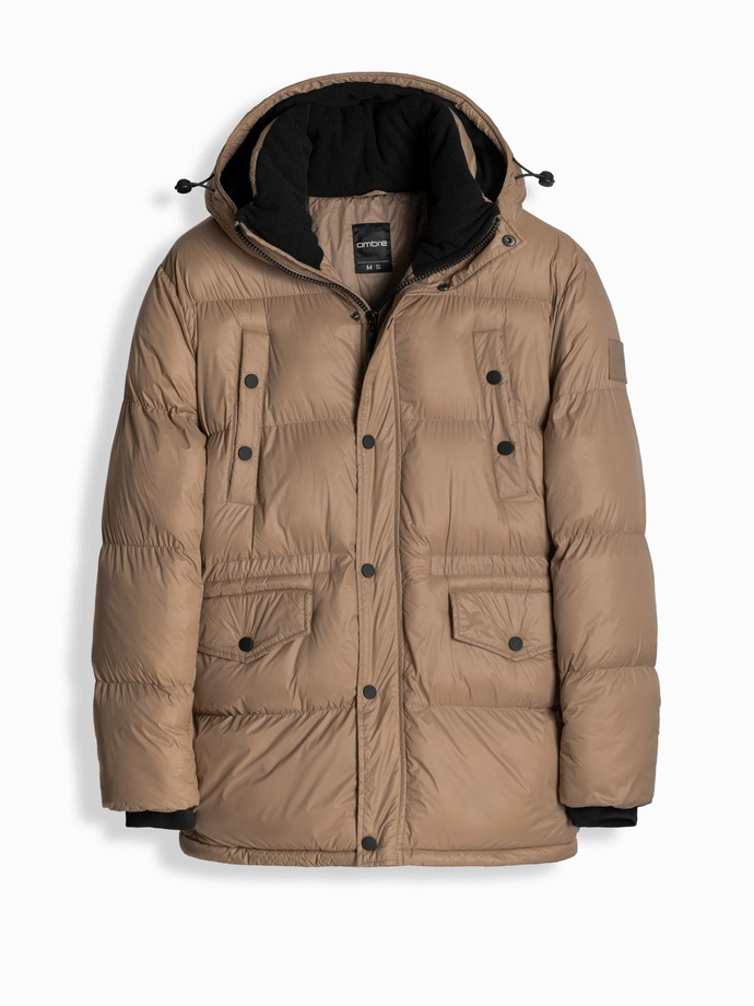 Długa męska kurtka puffer z zapinanymi kieszeniami – brązowa V2 OM-JALJ-0186