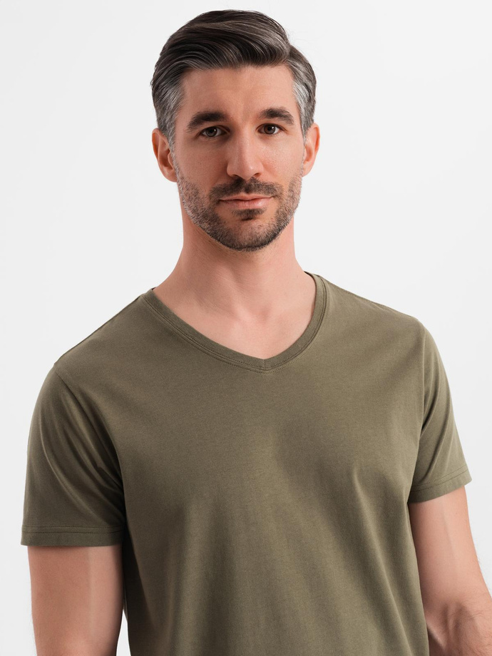 Men's BASIC classic cotton T-shirt with a serape neckline - dark olive V6 OM-TSBS-0237