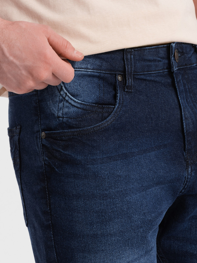 Krótkie spodenki męskie jeansowe z delikatnym washem – ciemnoniebieskie V3 OM-SRDS-0145