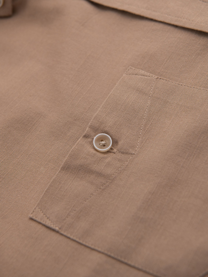 Men's linen shirt with classic collar and pockets REGULAR FIT - light brown V7 OM-SHCS-0134