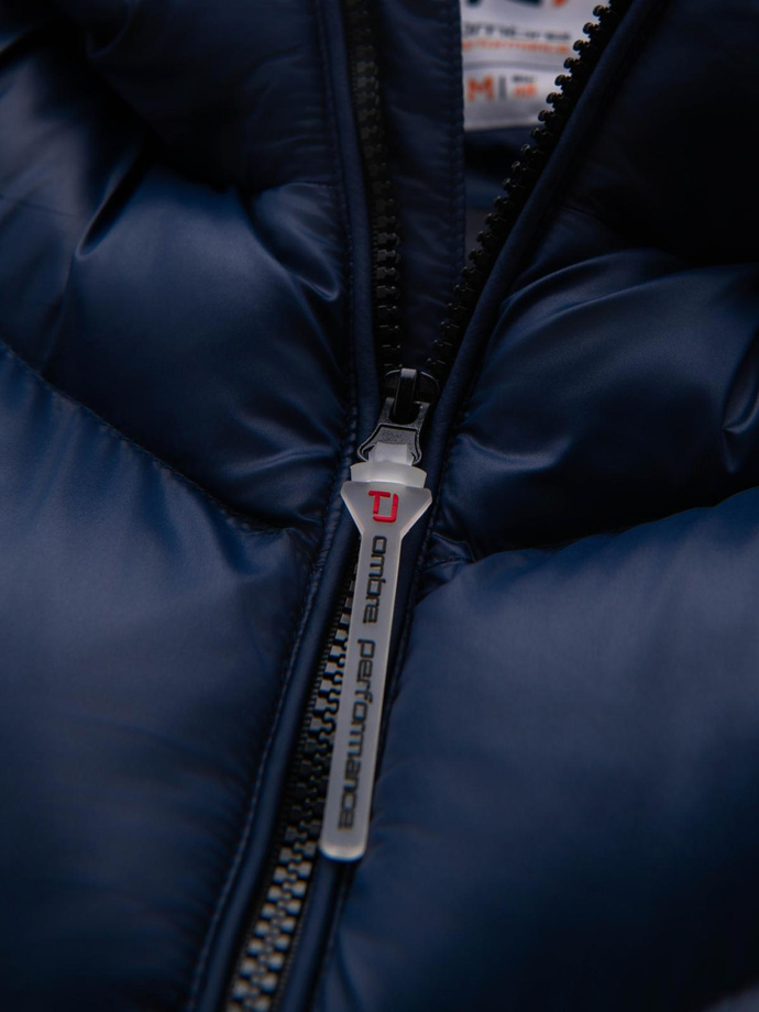 Modern men's quilted jacket of combined materials - navy blue V2 OM-JAHP-0303