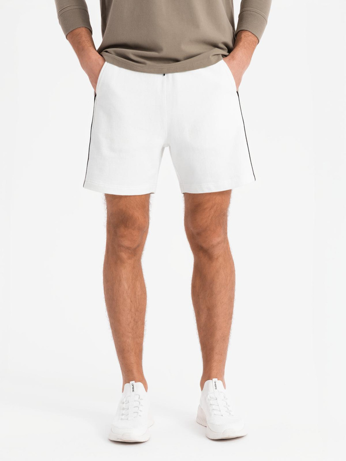 Men's short sweat shorts with wide stripes - broken white V1 OM-SRSK-0182