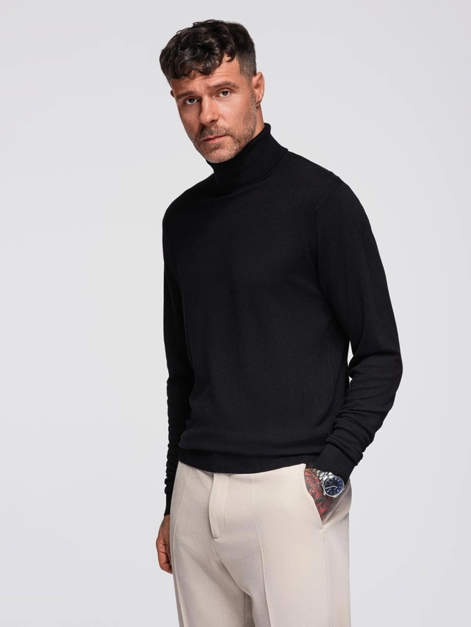 Men's knitted fitted turtleneck with viscose - black V1 OM-SWTN-0101