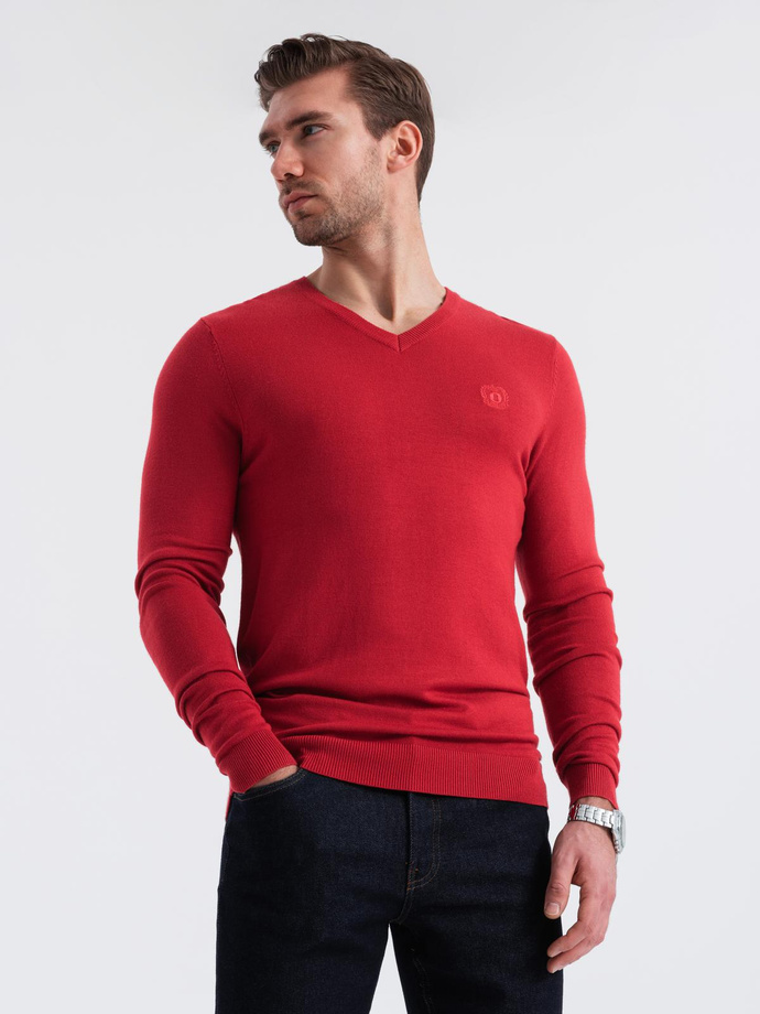 Męski elegancki sweter V-neck BASIC z wiskozą – czerwony V20 OM-SWBS-0107