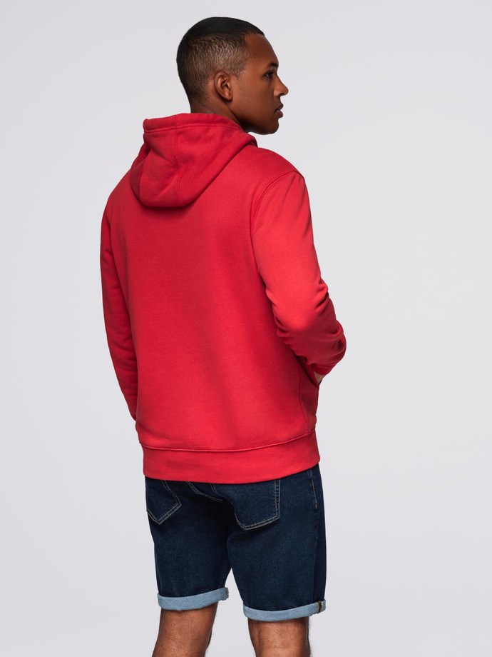 Men's kangaroo sweatshirt with hood and college style patch - red V1 OM-SSNZ-0144