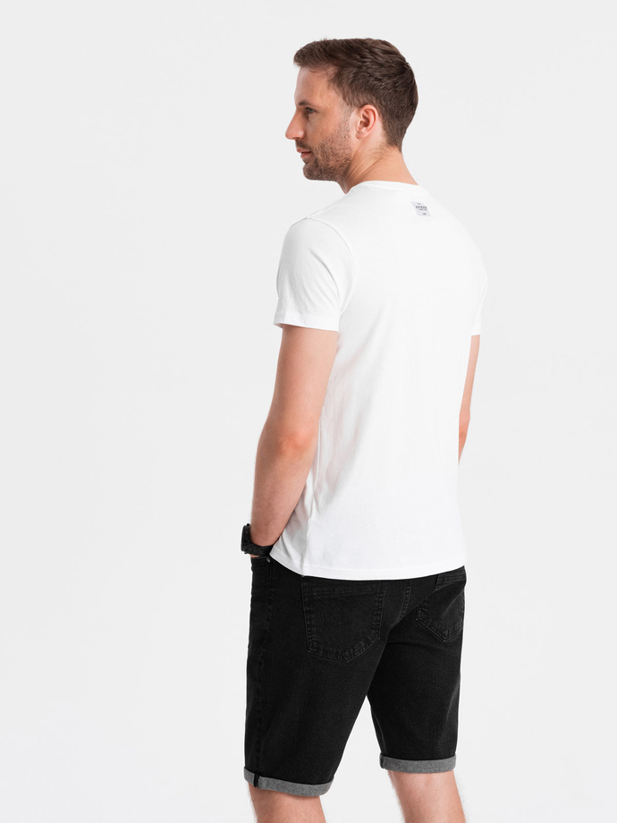T-shirt męski bawełniany z nadrukiem geometrycznym i logotypem - biały V1 OM-TSPT-0141