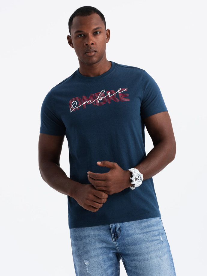 Men's cotton t-shirt with double printed logo - navy blue V3 OM-TSPT-0211