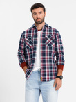 Men's flannel shirt with buttoned pockets - red and navy blue OM-SHCS-0137