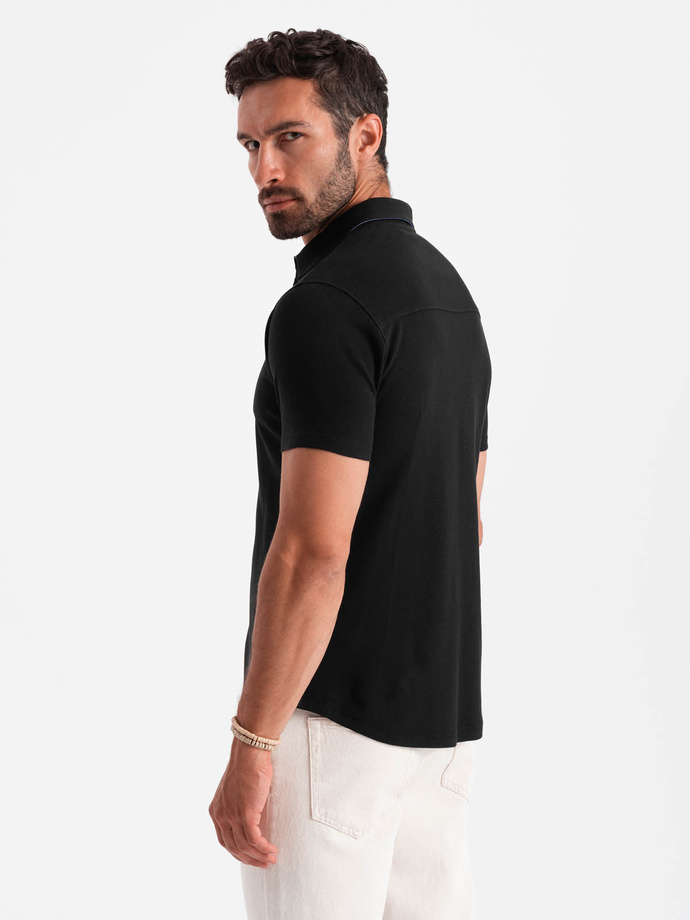Men's knitted slim fit shirt with short sleeves and collar - black V4 OM-SHSS-0100