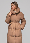 Women's quilted long jacket with belt OW-JALJ-0104 v3 - brown