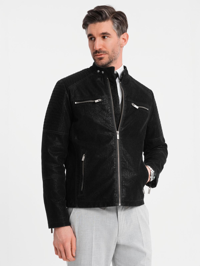 Men's retro-style biker jacket with stand-up collar - black V2 OM-JAFL-0197
