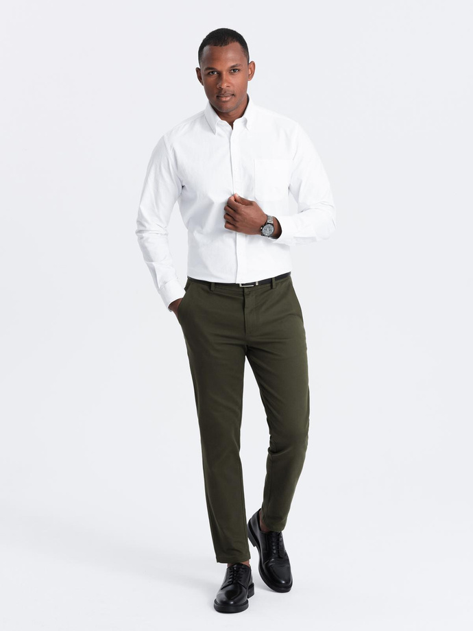 Spodnie męskie chino SLIM FIT z delikatną teksturą - ciemnooliwkowe V4 OM-PACP-0190