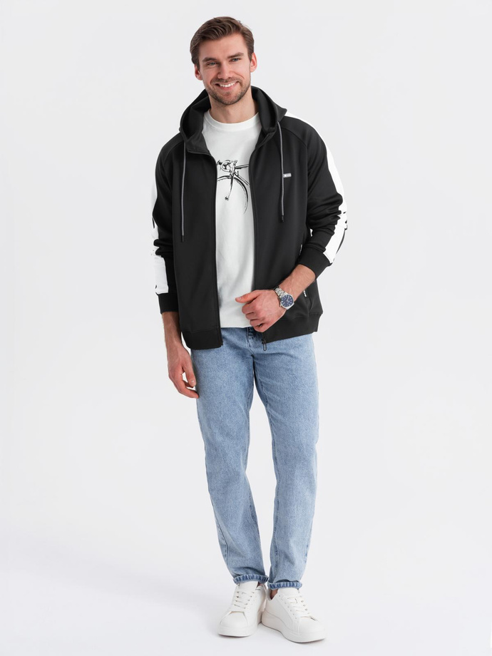Men's unbuttoned hooded sweatshirt with piping - black V1 OM-SSZP-0210