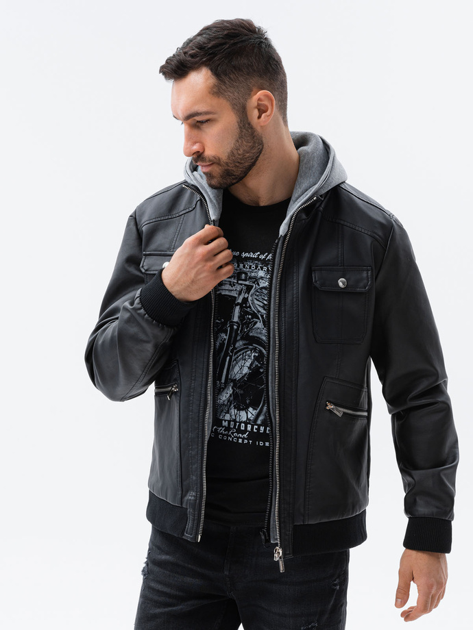 Men's biker jacket with hoodie - black C415