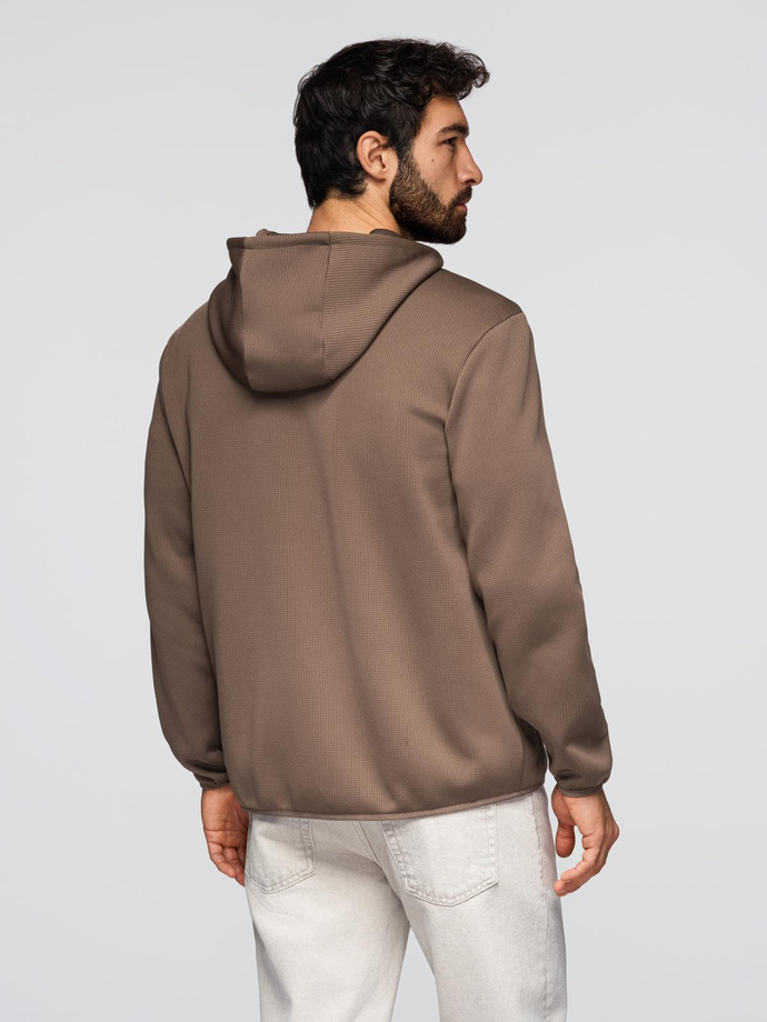 Men's lightweight jacket of combined materials with hood and decorative quilting - light brown V2 OM-JANP-0160
