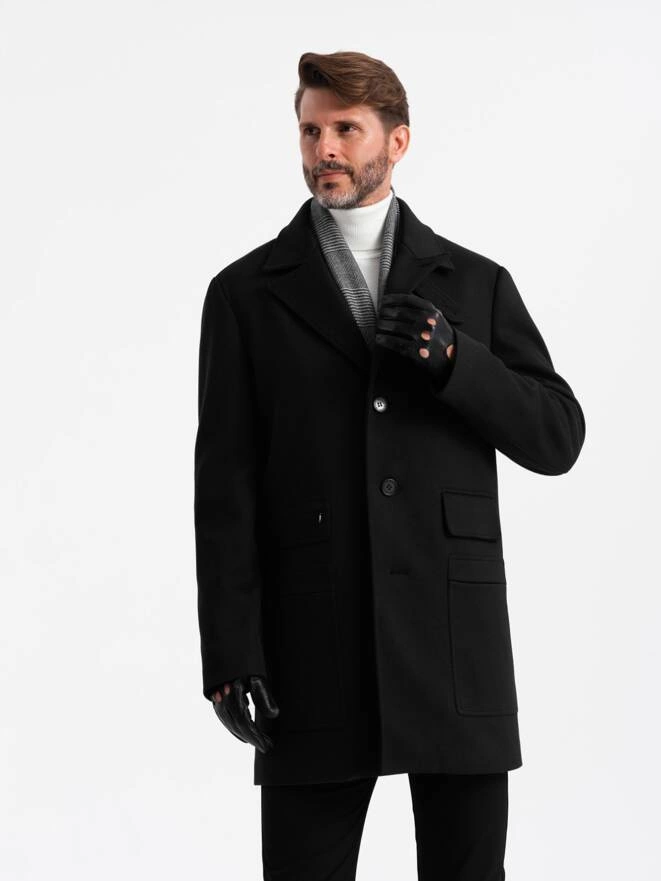 Men's single-breasted patterned coat with pockets - black V2 OM-COWC-0108