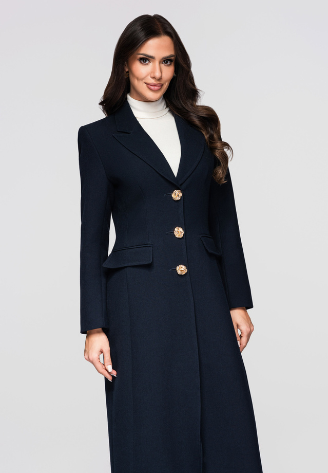 Płaszcz damski taliowany ze złotymi guzikami LARICA OW-COLC-0103 v3 - granatowy